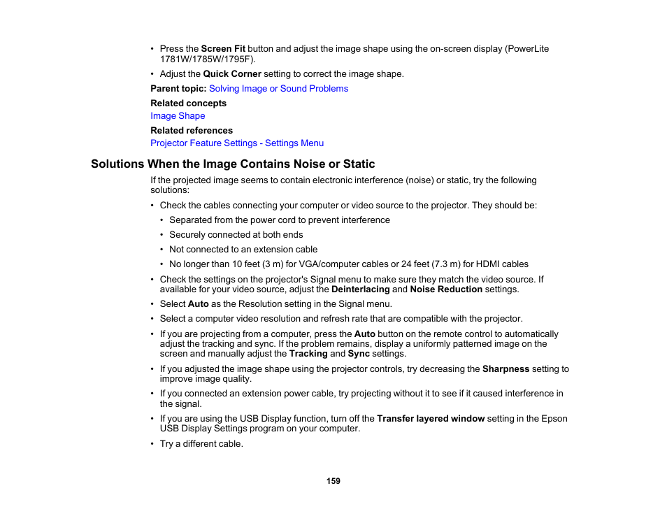 Solutions when the image contains noise or static | Epson PowerLite 1781W 3200-Lumen WXGA 3LCD Projector User Manual | Page 159 / 245