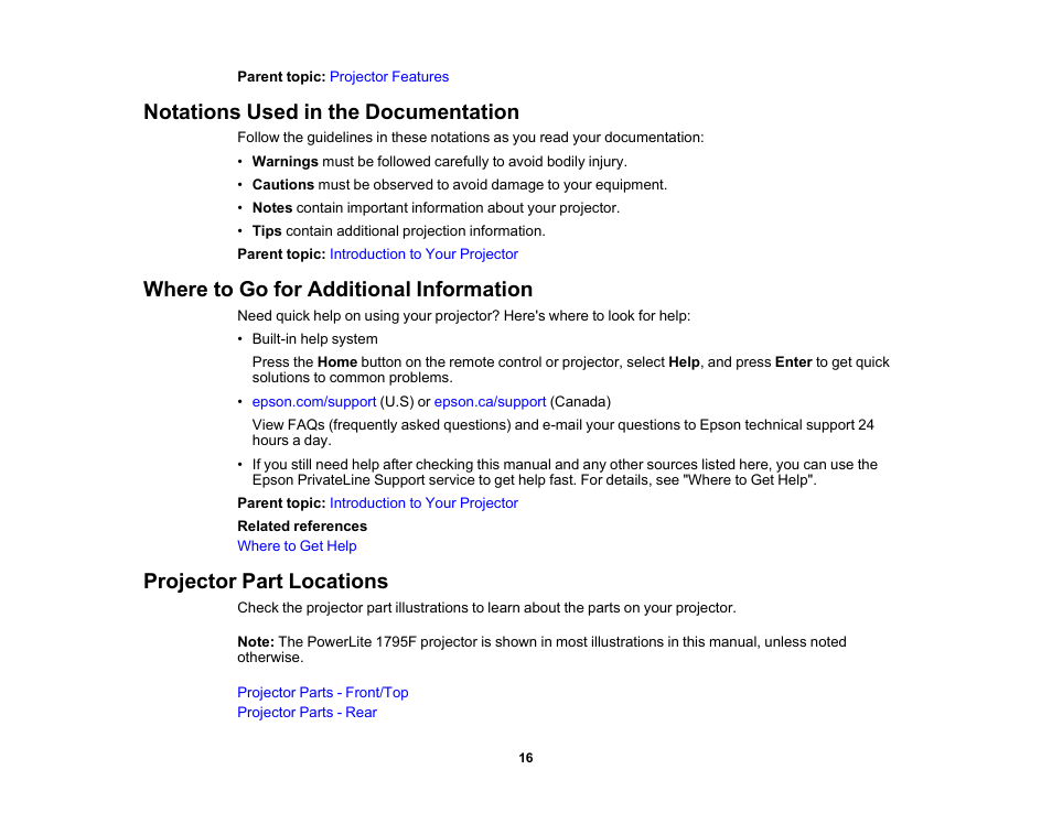 Notations used in the documentation, Where to go for additional information, Projector part locations | Epson PowerLite 1781W 3200-Lumen WXGA 3LCD Projector User Manual | Page 16 / 245