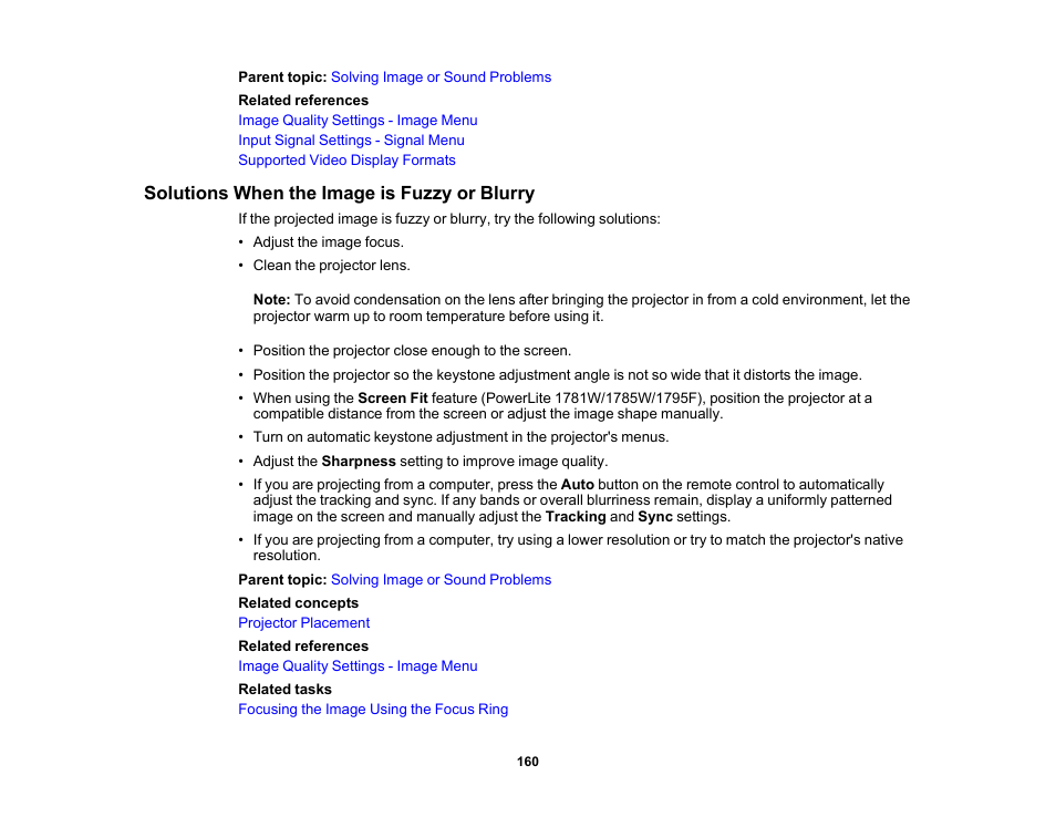 Solutions when the image is fuzzy or blurry | Epson PowerLite 1781W 3200-Lumen WXGA 3LCD Projector User Manual | Page 160 / 245