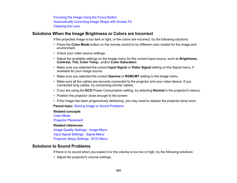 Solutions to sound problems | Epson PowerLite 1781W 3200-Lumen WXGA 3LCD Projector User Manual | Page 161 / 245