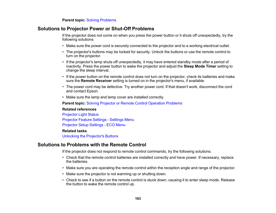 Solutions to projector power or shut-off problems, Solutions to problems with the remote control | Epson PowerLite 1781W 3200-Lumen WXGA 3LCD Projector User Manual | Page 163 / 245