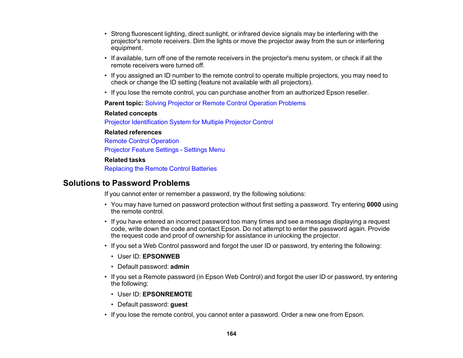 Solutions to password problems | Epson PowerLite 1781W 3200-Lumen WXGA 3LCD Projector User Manual | Page 164 / 245