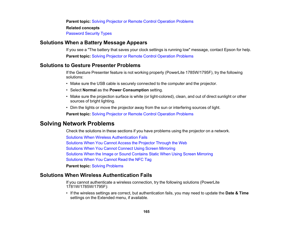 Solutions when a battery message appears, Solutions to gesture presenter problems, Solving network problems | Solutions when wireless authentication fails | Epson PowerLite 1781W 3200-Lumen WXGA 3LCD Projector User Manual | Page 165 / 245