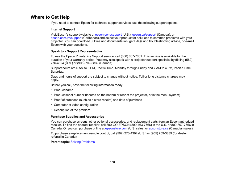 Where to get help | Epson PowerLite 1781W 3200-Lumen WXGA 3LCD Projector User Manual | Page 168 / 245