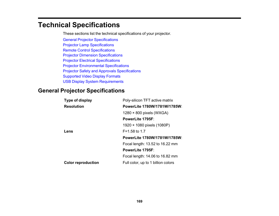 Technical specifications, General projector specifications | Epson PowerLite 1781W 3200-Lumen WXGA 3LCD Projector User Manual | Page 169 / 245