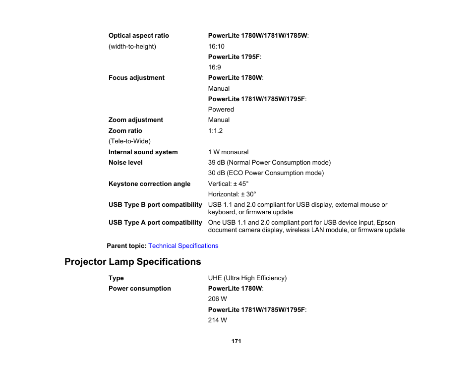 Projector lamp specifications | Epson PowerLite 1781W 3200-Lumen WXGA 3LCD Projector User Manual | Page 171 / 245