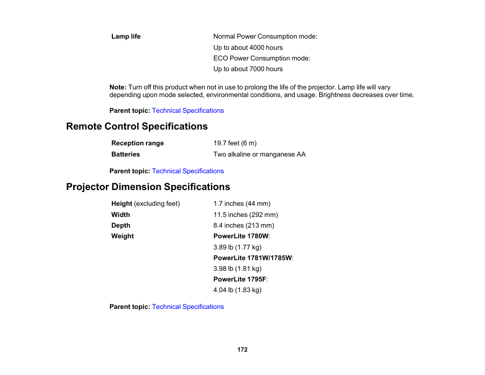 Remote control specifications, Projector dimension specifications | Epson PowerLite 1781W 3200-Lumen WXGA 3LCD Projector User Manual | Page 172 / 245