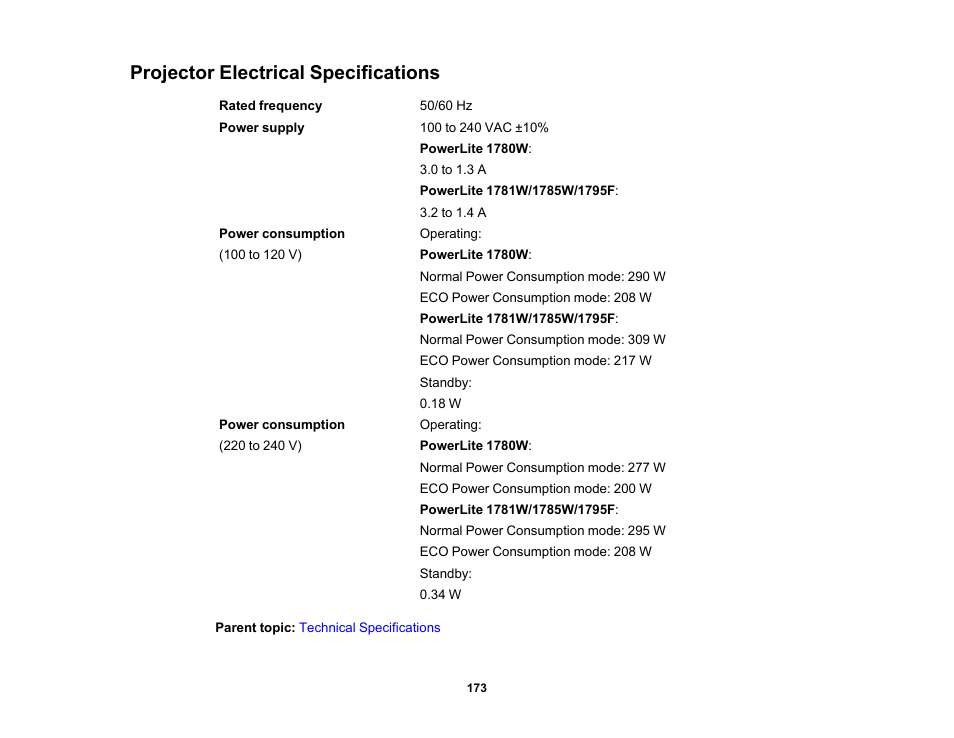 Projector electrical specifications | Epson PowerLite 1781W 3200-Lumen WXGA 3LCD Projector User Manual | Page 173 / 245