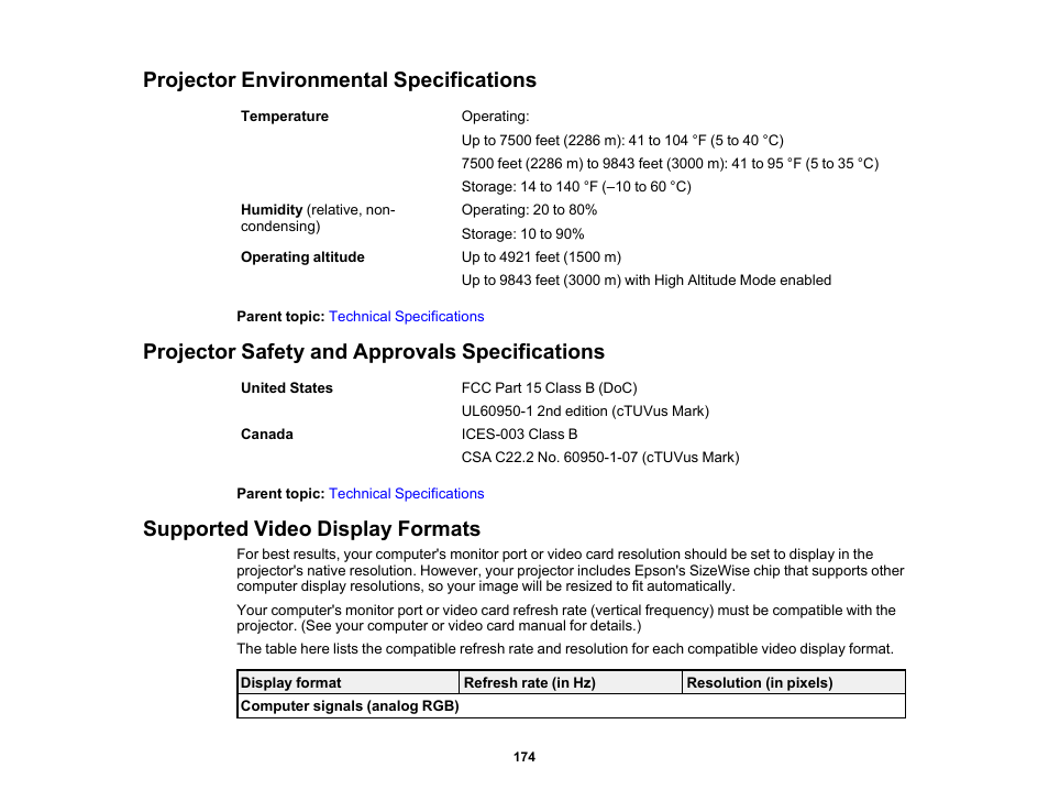 Projector environmental specifications, Projector safety and approvals specifications, Supported video display formats | Epson PowerLite 1781W 3200-Lumen WXGA 3LCD Projector User Manual | Page 174 / 245