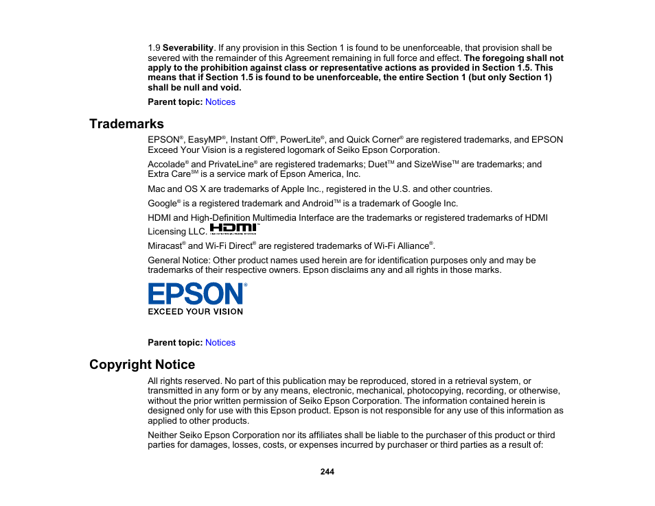 Trademarks, Copyright notice, Trademarks copyright notice | Epson PowerLite 1781W 3200-Lumen WXGA 3LCD Projector User Manual | Page 244 / 245