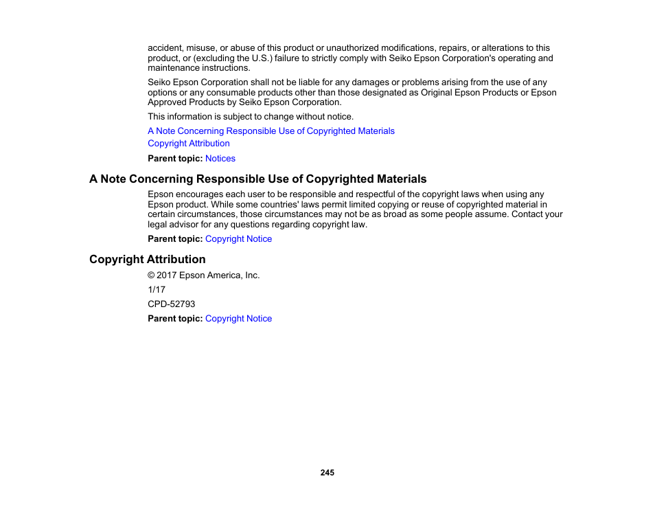 Copyright attribution | Epson PowerLite 1781W 3200-Lumen WXGA 3LCD Projector User Manual | Page 245 / 245