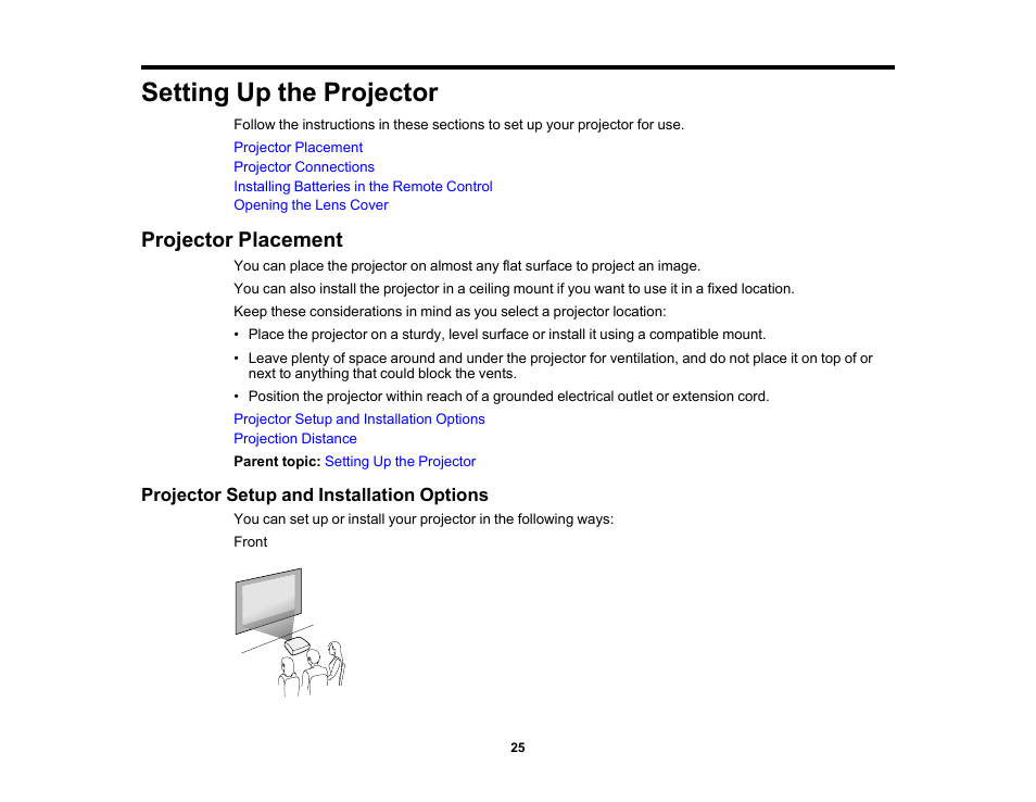 Setting up the projector, Projector placement, Projector setup and installation options | Epson PowerLite 1781W 3200-Lumen WXGA 3LCD Projector User Manual | Page 25 / 245