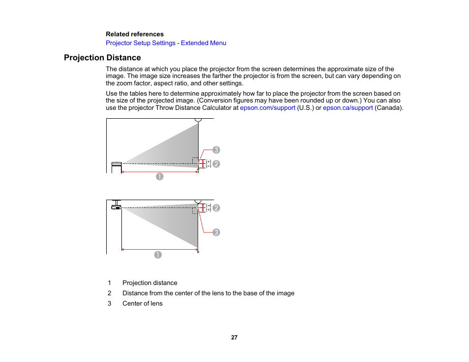 Projection distance | Epson PowerLite 1781W 3200-Lumen WXGA 3LCD Projector User Manual | Page 27 / 245