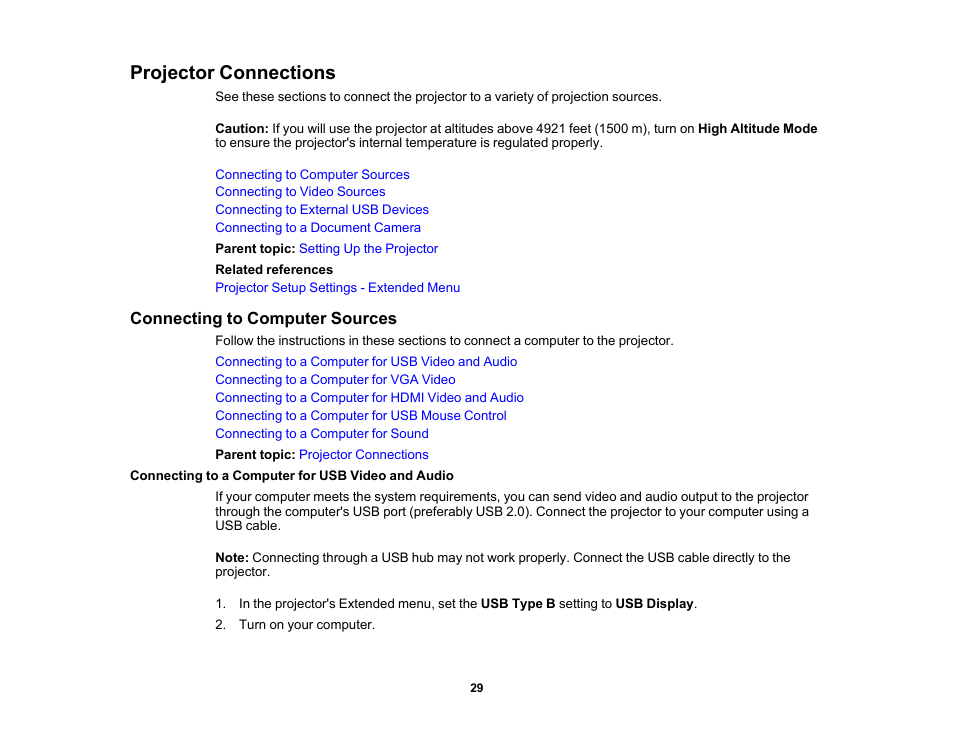 Projector connections, Connecting to computer sources, Connecting to a computer for usb video and audio | Epson PowerLite 1781W 3200-Lumen WXGA 3LCD Projector User Manual | Page 29 / 245