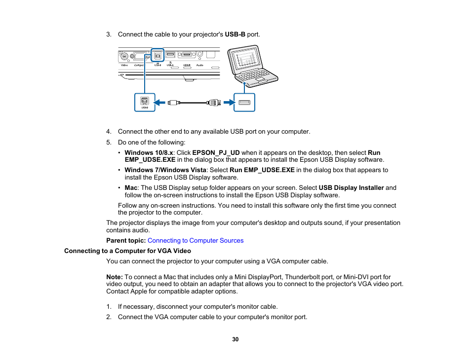 Connecting to a computer for vga video | Epson PowerLite 1781W 3200-Lumen WXGA 3LCD Projector User Manual | Page 30 / 245