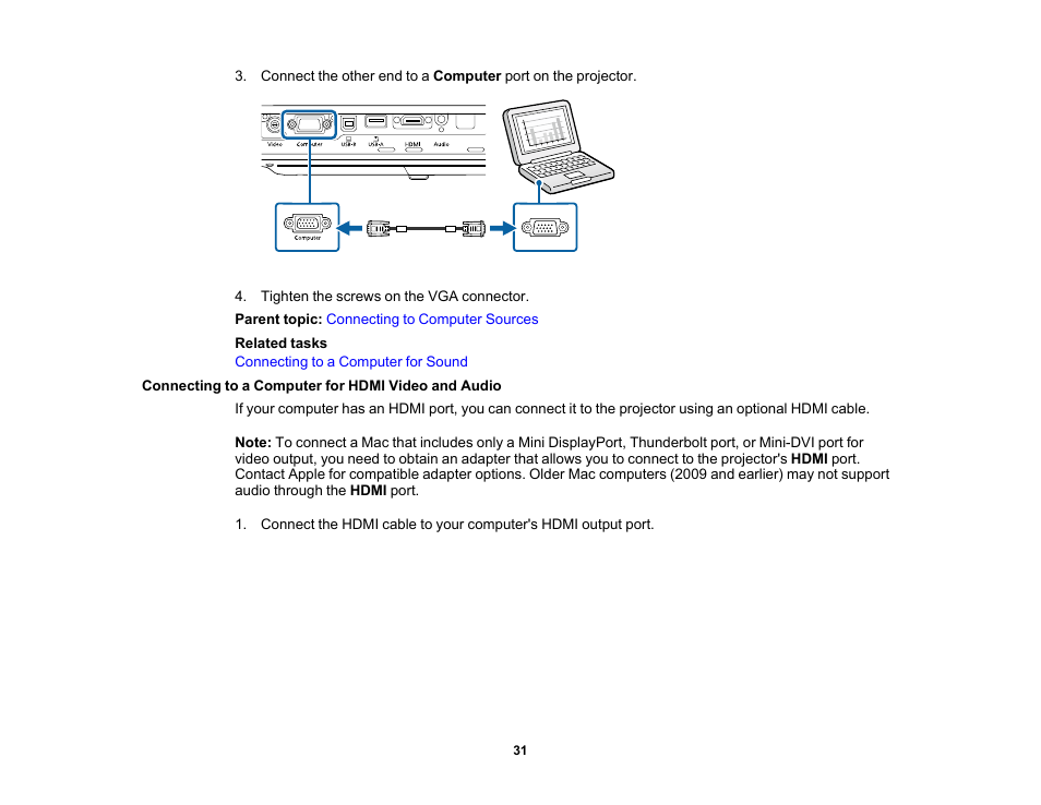 Connecting to a computer for hdmi video and audio | Epson PowerLite 1781W 3200-Lumen WXGA 3LCD Projector User Manual | Page 31 / 245