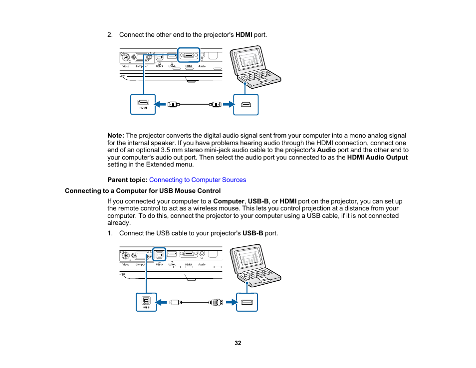 Connecting to a computer for usb mouse control | Epson PowerLite 1781W 3200-Lumen WXGA 3LCD Projector User Manual | Page 32 / 245