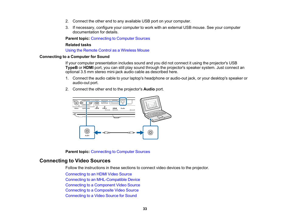 Connecting to a computer for sound, Connecting to video sources | Epson PowerLite 1781W 3200-Lumen WXGA 3LCD Projector User Manual | Page 33 / 245