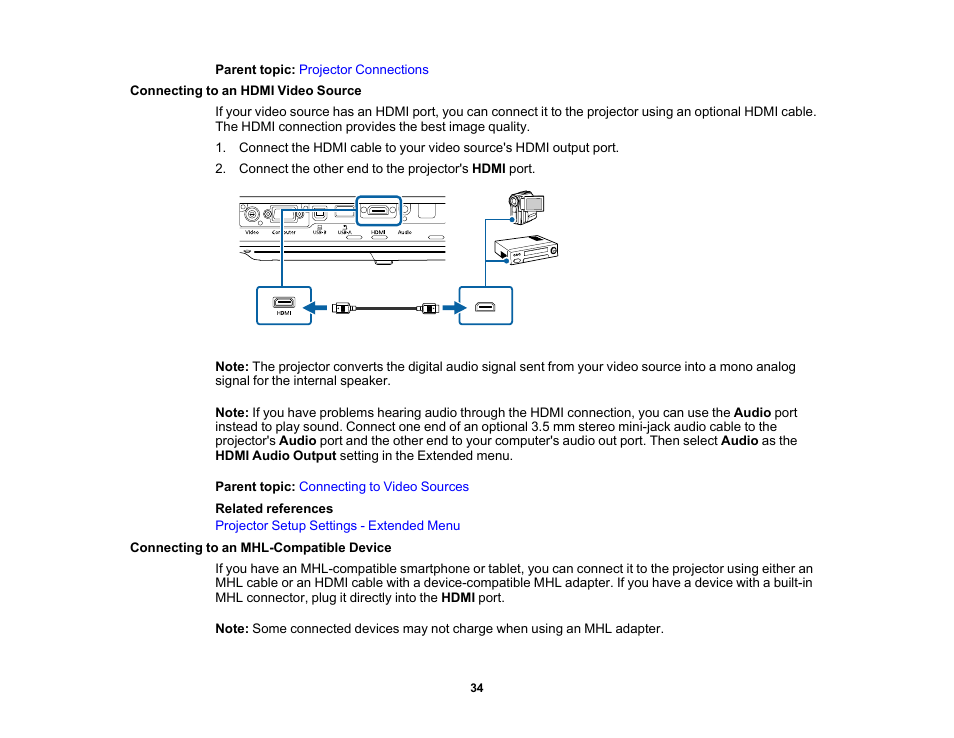 Connecting to an hdmi video source, Connecting to an mhl-compatible device | Epson PowerLite 1781W 3200-Lumen WXGA 3LCD Projector User Manual | Page 34 / 245