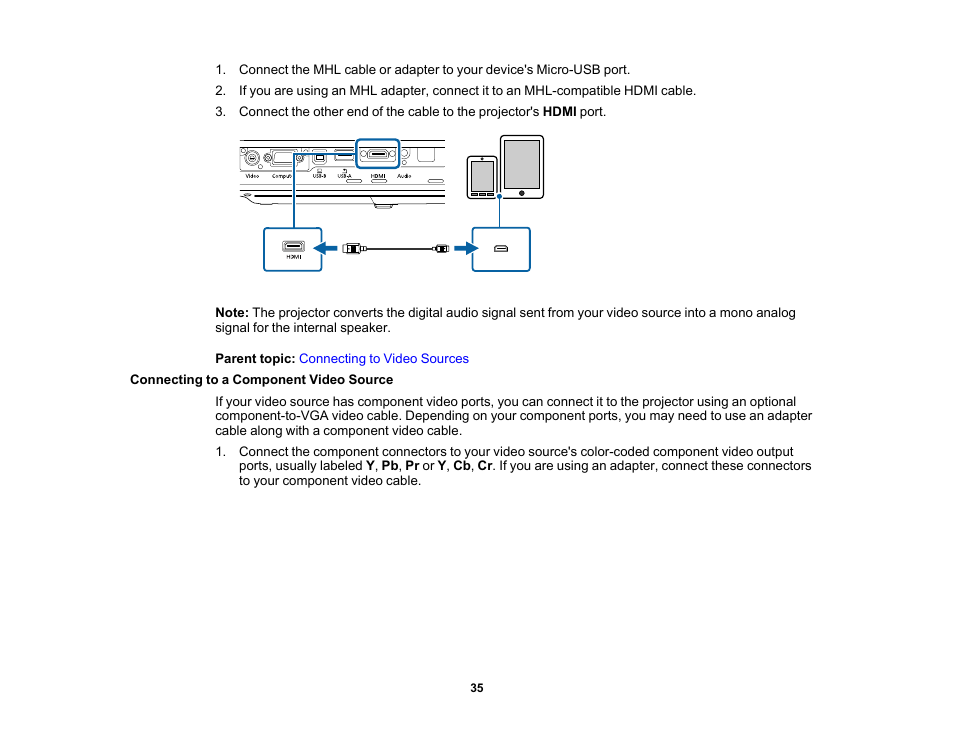 Connecting to a component video source | Epson PowerLite 1781W 3200-Lumen WXGA 3LCD Projector User Manual | Page 35 / 245