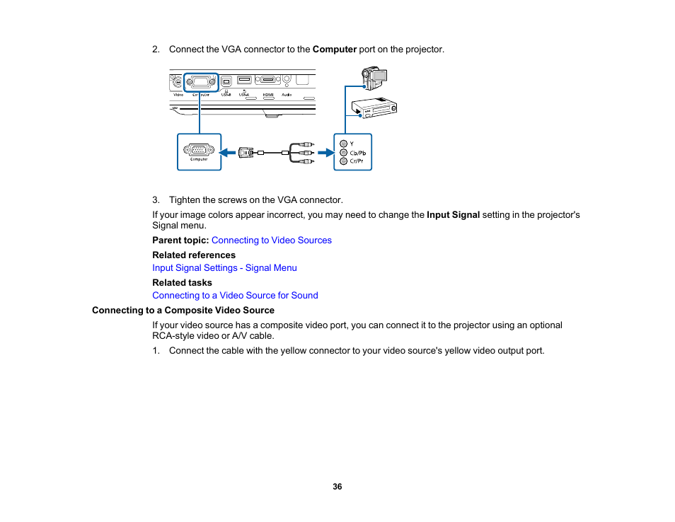 Connecting to a composite video source | Epson PowerLite 1781W 3200-Lumen WXGA 3LCD Projector User Manual | Page 36 / 245