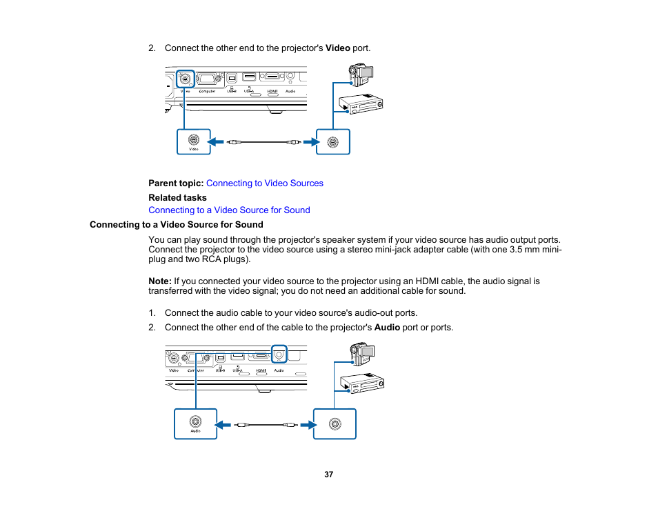 Connecting to a video source for sound | Epson PowerLite 1781W 3200-Lumen WXGA 3LCD Projector User Manual | Page 37 / 245