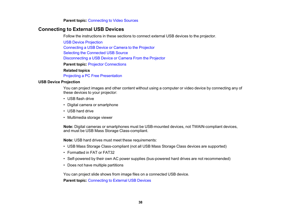 Connecting to external usb devices, Usb device projection | Epson PowerLite 1781W 3200-Lumen WXGA 3LCD Projector User Manual | Page 38 / 245