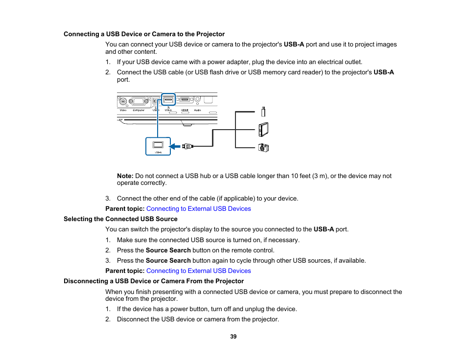 Connecting a usb device or camera to the projector, Selecting the connected usb source | Epson PowerLite 1781W 3200-Lumen WXGA 3LCD Projector User Manual | Page 39 / 245