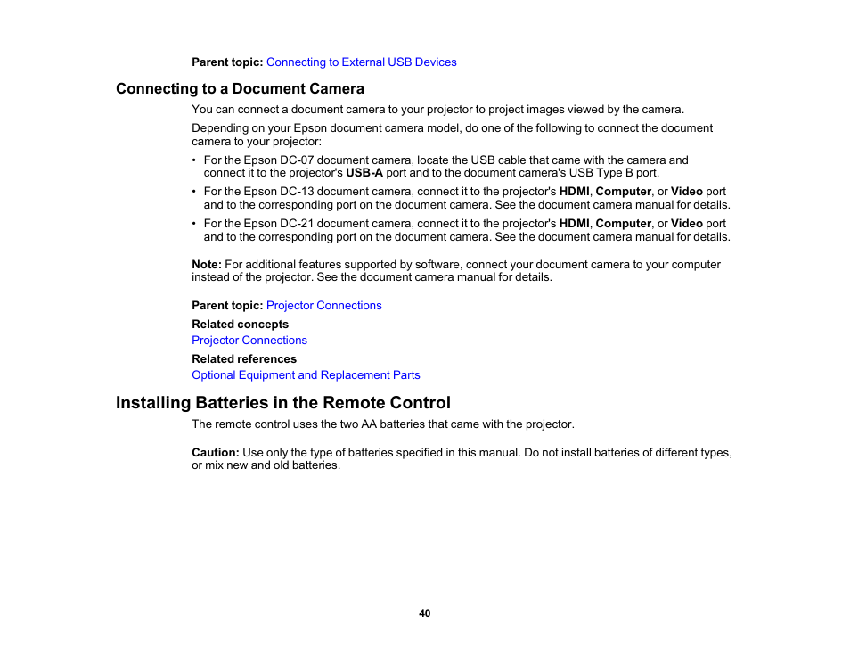 Connecting to a document camera, Installing batteries in the remote control | Epson PowerLite 1781W 3200-Lumen WXGA 3LCD Projector User Manual | Page 40 / 245