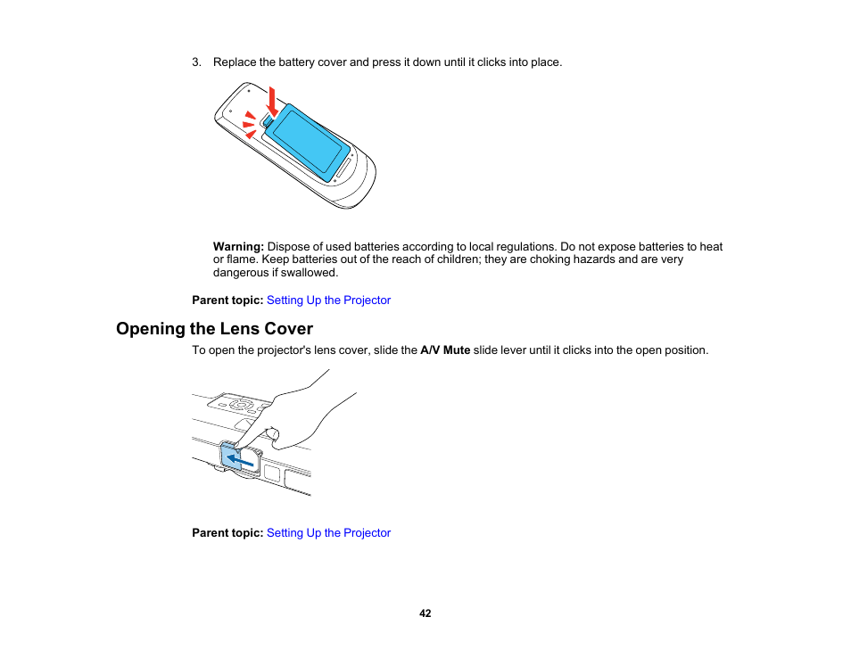 Opening the lens cover | Epson PowerLite 1781W 3200-Lumen WXGA 3LCD Projector User Manual | Page 42 / 245