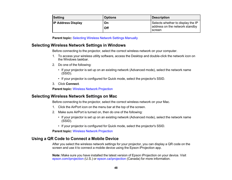 Selecting wireless network settings in windows, Selecting wireless network settings on mac, Using a qr code to connect a mobile device | Epson PowerLite 1781W 3200-Lumen WXGA 3LCD Projector User Manual | Page 48 / 245