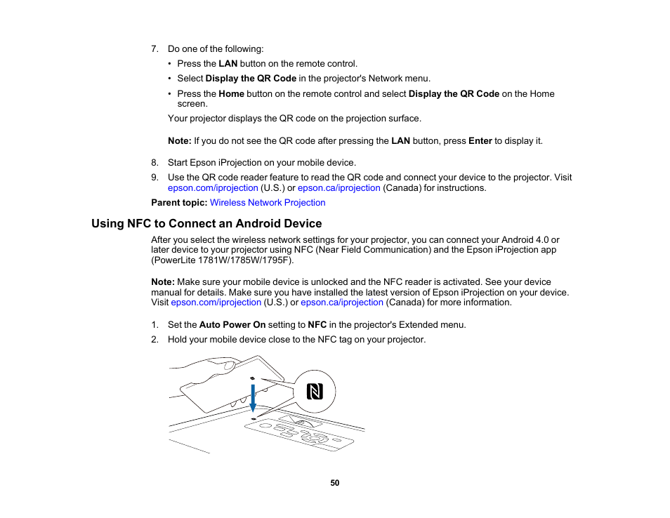 Using nfc to connect an android device | Epson PowerLite 1781W 3200-Lumen WXGA 3LCD Projector User Manual | Page 50 / 245