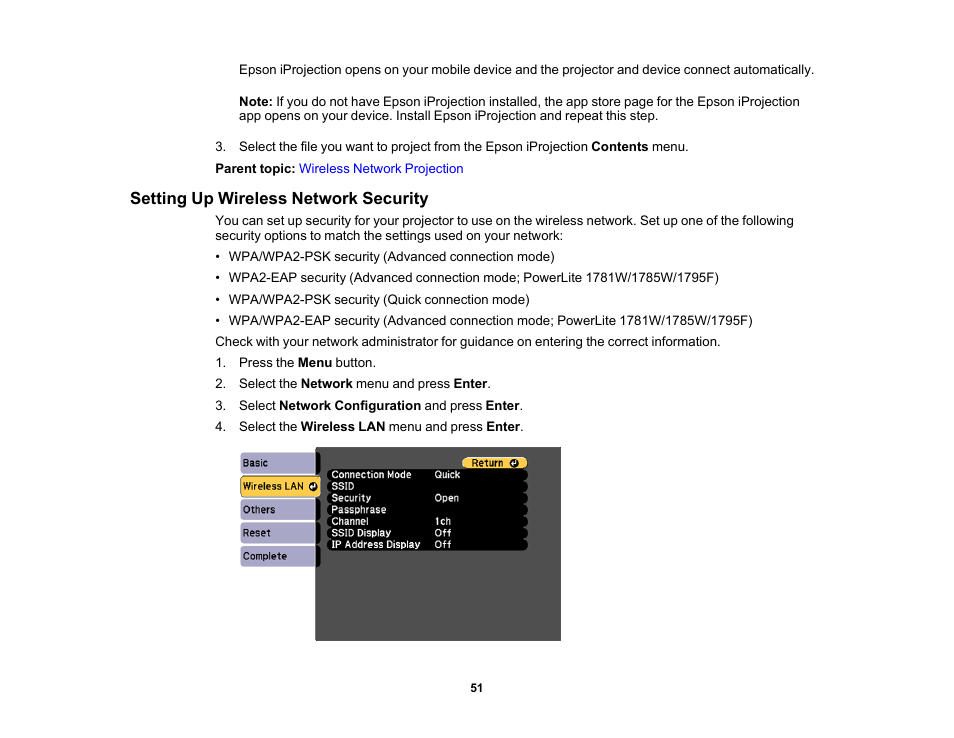 Setting up wireless network security | Epson PowerLite 1781W 3200-Lumen WXGA 3LCD Projector User Manual | Page 51 / 245