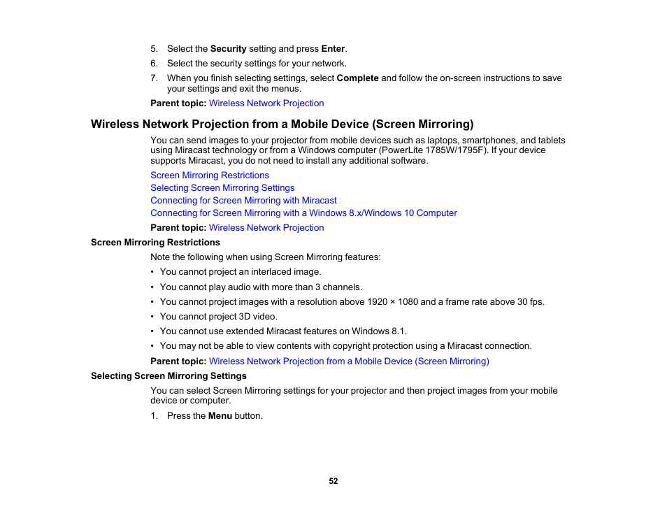 Screen mirroring restrictions, Selecting screen mirroring settings | Epson PowerLite 1781W 3200-Lumen WXGA 3LCD Projector User Manual | Page 52 / 245