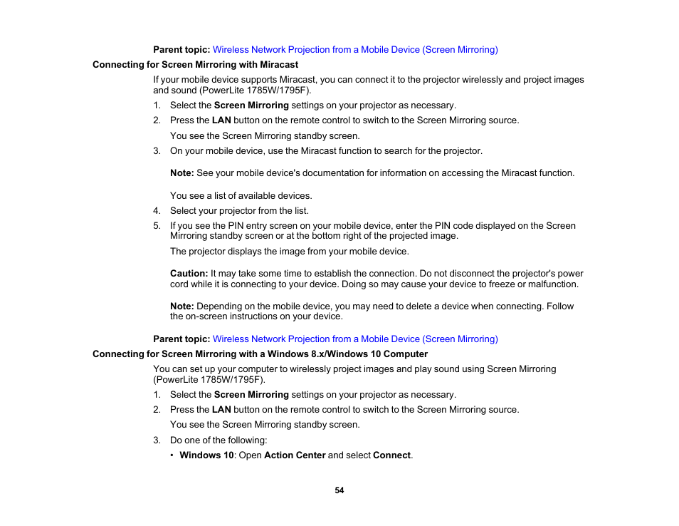 Connecting for screen mirroring with miracast | Epson PowerLite 1781W 3200-Lumen WXGA 3LCD Projector User Manual | Page 54 / 245