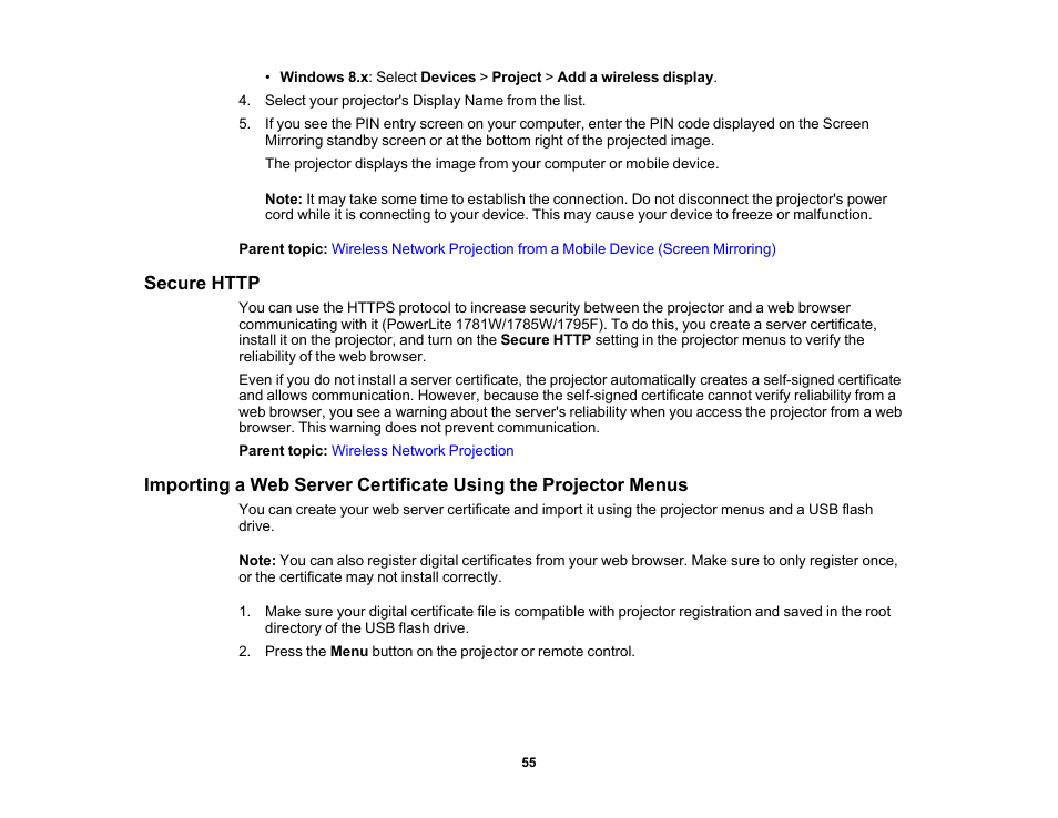 Secure http | Epson PowerLite 1781W 3200-Lumen WXGA 3LCD Projector User Manual | Page 55 / 245