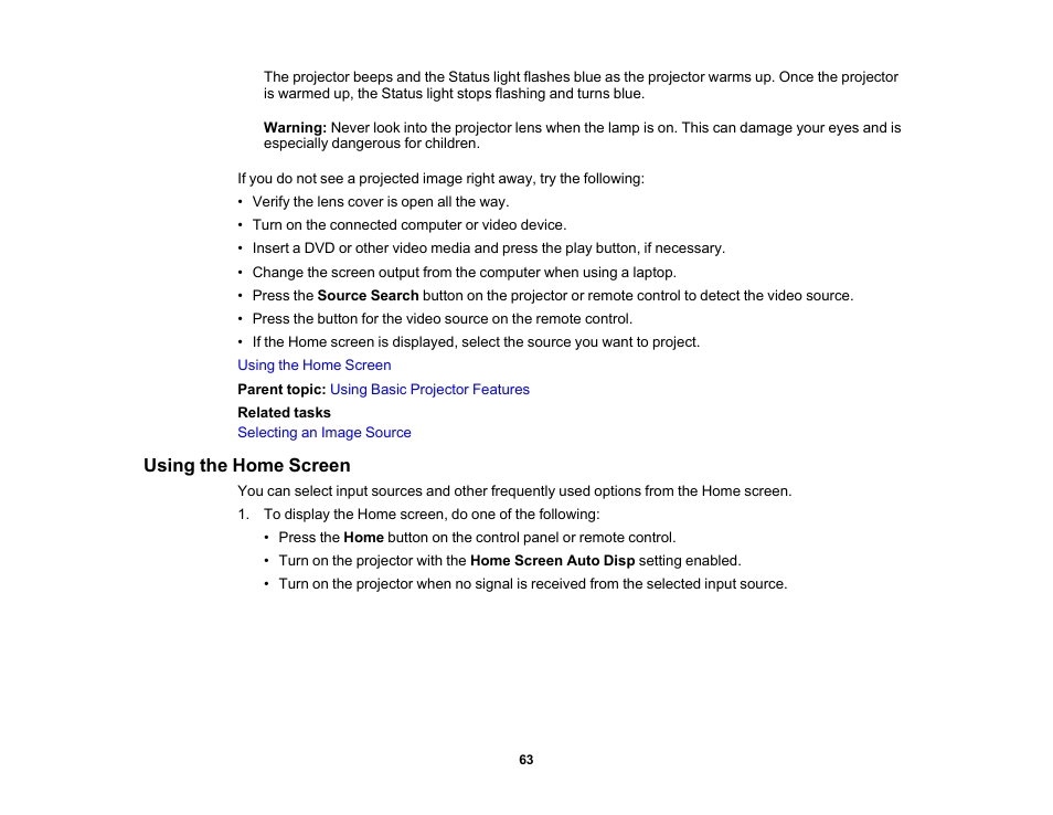 Using the home screen | Epson PowerLite 1781W 3200-Lumen WXGA 3LCD Projector User Manual | Page 63 / 245