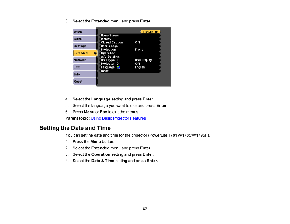 Setting the date and time | Epson PowerLite 1781W 3200-Lumen WXGA 3LCD Projector User Manual | Page 67 / 245