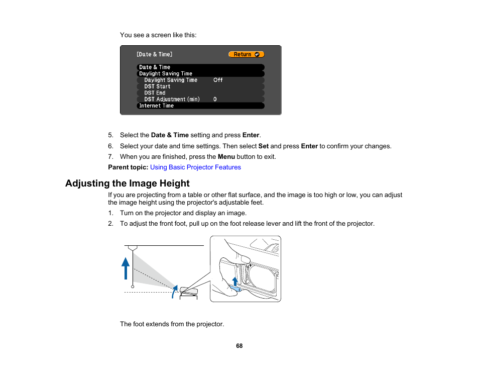 Adjusting the image height | Epson PowerLite 1781W 3200-Lumen WXGA 3LCD Projector User Manual | Page 68 / 245