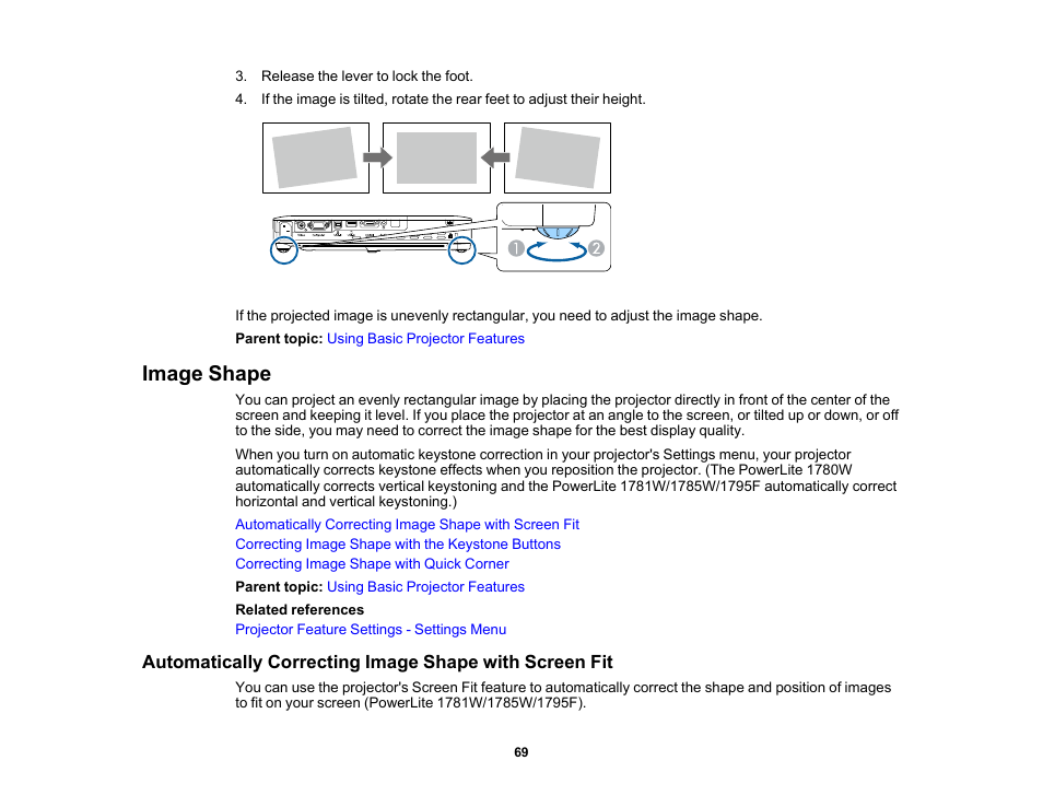 Image shape | Epson PowerLite 1781W 3200-Lumen WXGA 3LCD Projector User Manual | Page 69 / 245