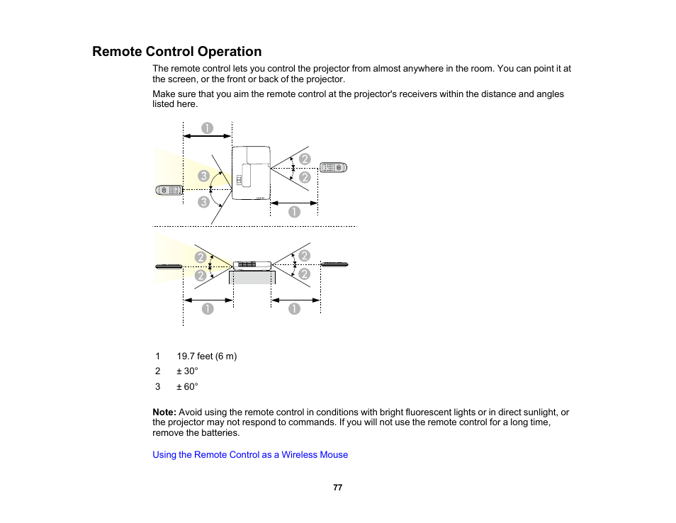 Remote control operation | Epson PowerLite 1781W 3200-Lumen WXGA 3LCD Projector User Manual | Page 77 / 245