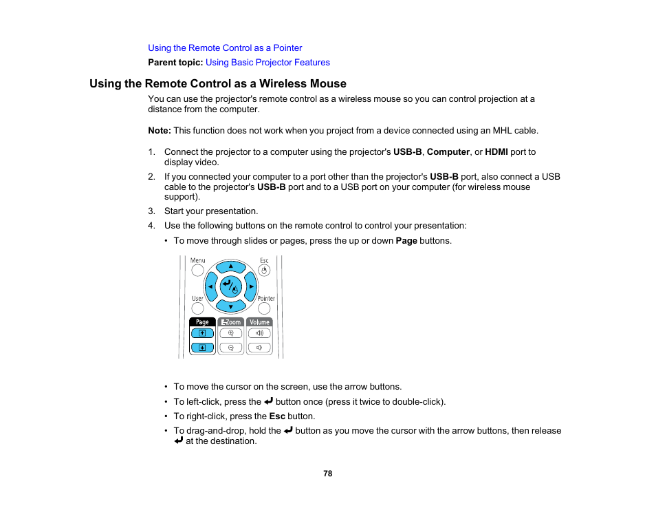 Using the remote control as a wireless mouse | Epson PowerLite 1781W 3200-Lumen WXGA 3LCD Projector User Manual | Page 78 / 245