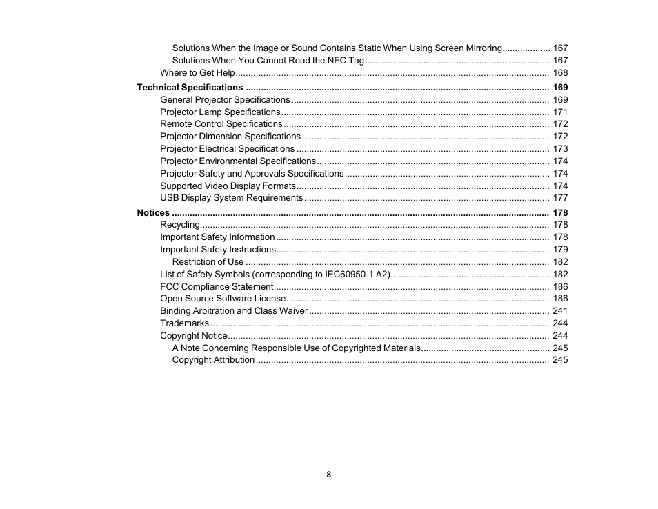 Epson PowerLite 1781W 3200-Lumen WXGA 3LCD Projector User Manual | Page 8 / 245