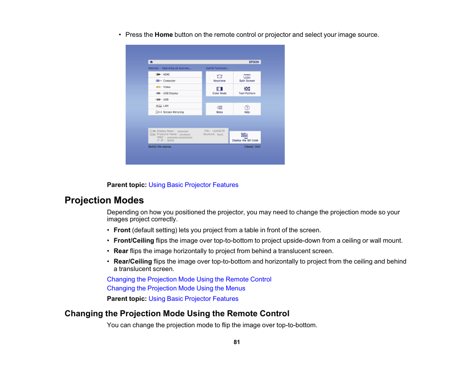 Projection modes | Epson PowerLite 1781W 3200-Lumen WXGA 3LCD Projector User Manual | Page 81 / 245