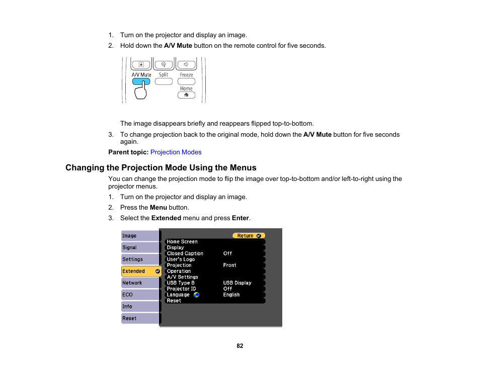 Changing the projection mode using the menus | Epson PowerLite 1781W 3200-Lumen WXGA 3LCD Projector User Manual | Page 82 / 245