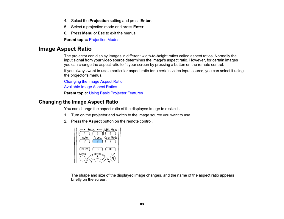 Image aspect ratio, Changing the image aspect ratio | Epson PowerLite 1781W 3200-Lumen WXGA 3LCD Projector User Manual | Page 83 / 245