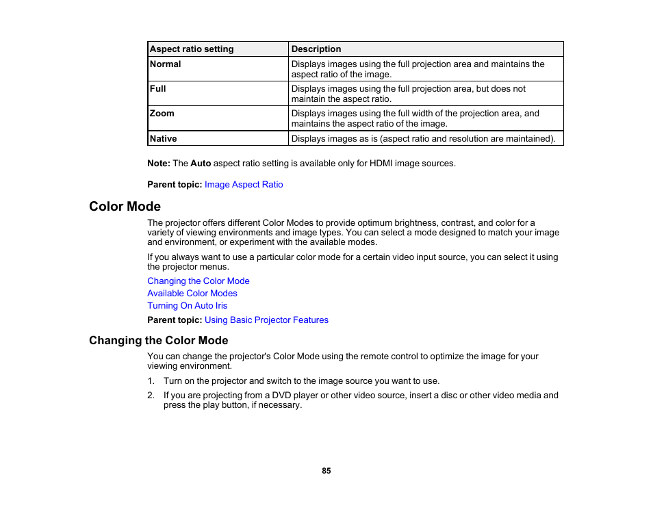 Color mode, Changing the color mode | Epson PowerLite 1781W 3200-Lumen WXGA 3LCD Projector User Manual | Page 85 / 245