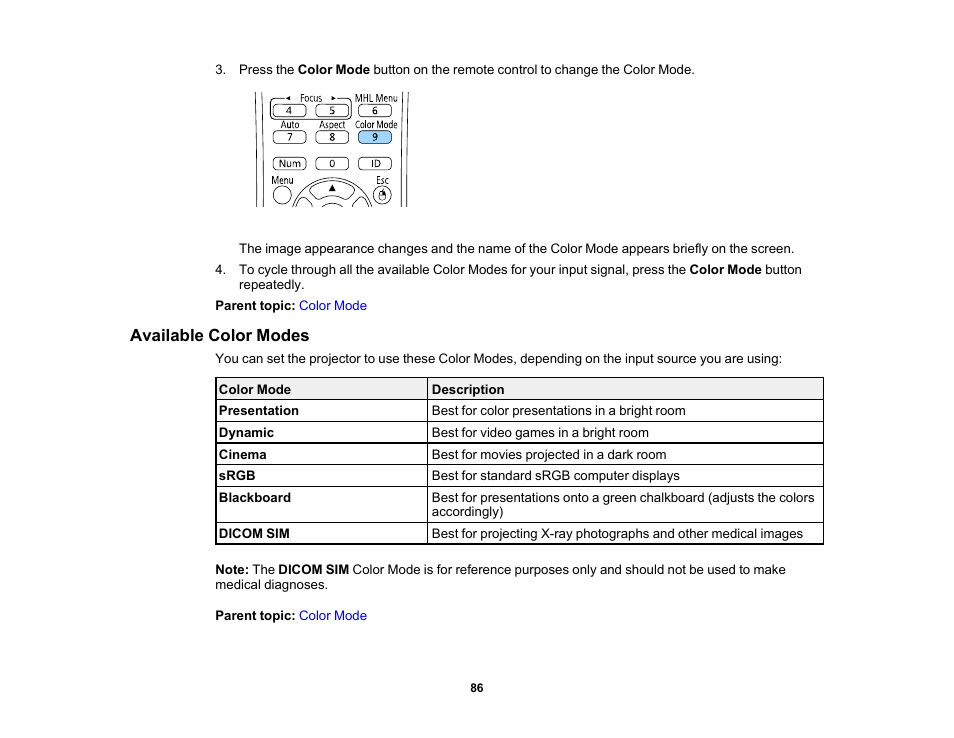 Available color modes | Epson PowerLite 1781W 3200-Lumen WXGA 3LCD Projector User Manual | Page 86 / 245