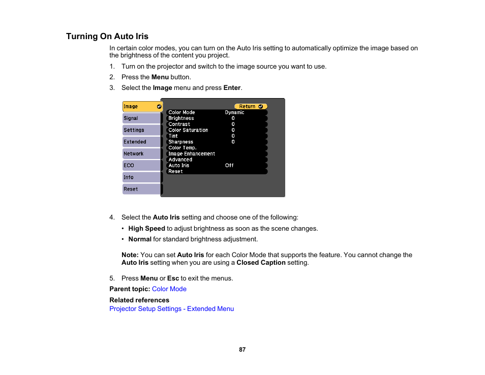 Turning on auto iris | Epson PowerLite 1781W 3200-Lumen WXGA 3LCD Projector User Manual | Page 87 / 245