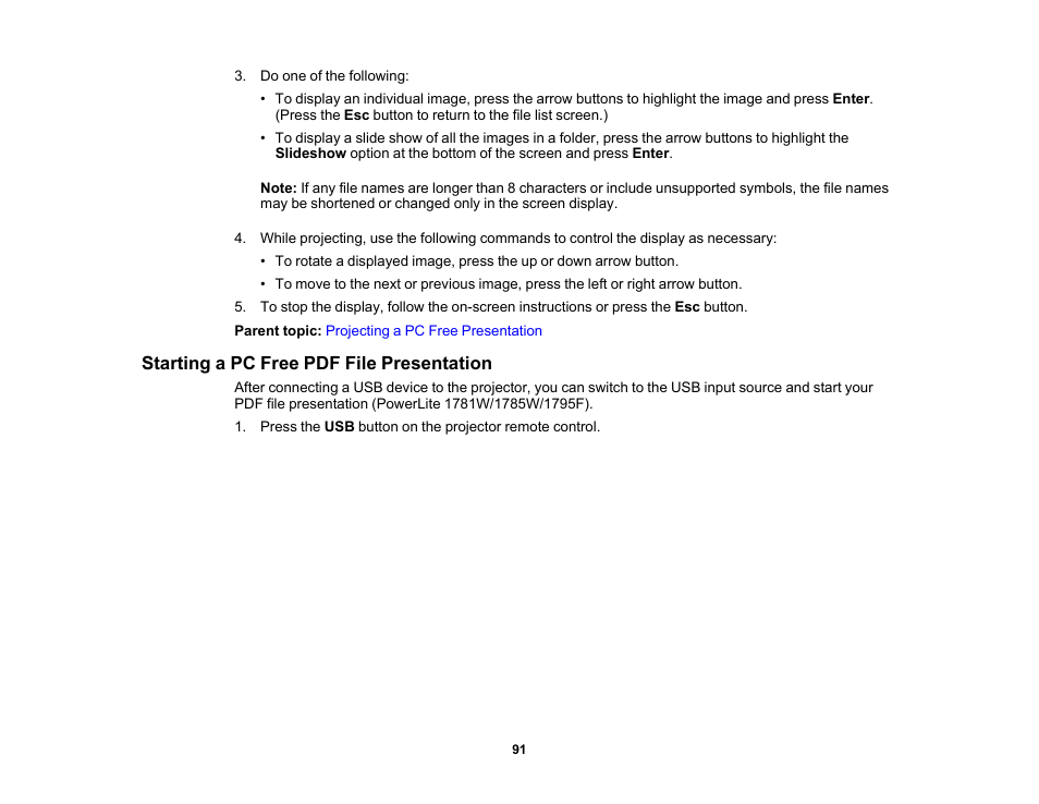 Starting a pc free pdf file presentation | Epson PowerLite 1781W 3200-Lumen WXGA 3LCD Projector User Manual | Page 91 / 245